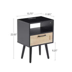 Rattan End Table, Modern Nightstand with Drawer and Solid Wood Legs, Side Table for Living Room, Bedroom, Black