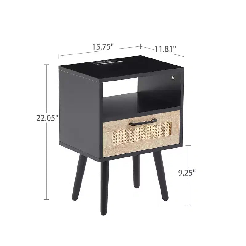 Rattan End Table, Modern Nightstand with Drawer and Solid Wood Legs, Side Table for Living Room, Bedroom, Black