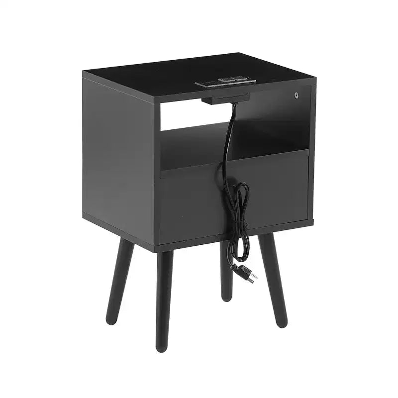 Rattan End Table, Modern Nightstand with Drawer and Solid Wood Legs, Side Table for Living Room, Bedroom, Black