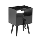 Rattan End Table, Modern Nightstand with Drawer and Solid Wood Legs, Side Table for Living Room, Bedroom, Black