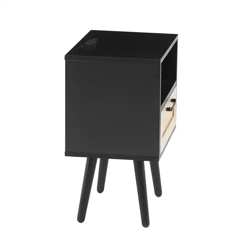 Rattan End Table, Modern Nightstand with Drawer and Solid Wood Legs, Side Table for Living Room, Bedroom, Black