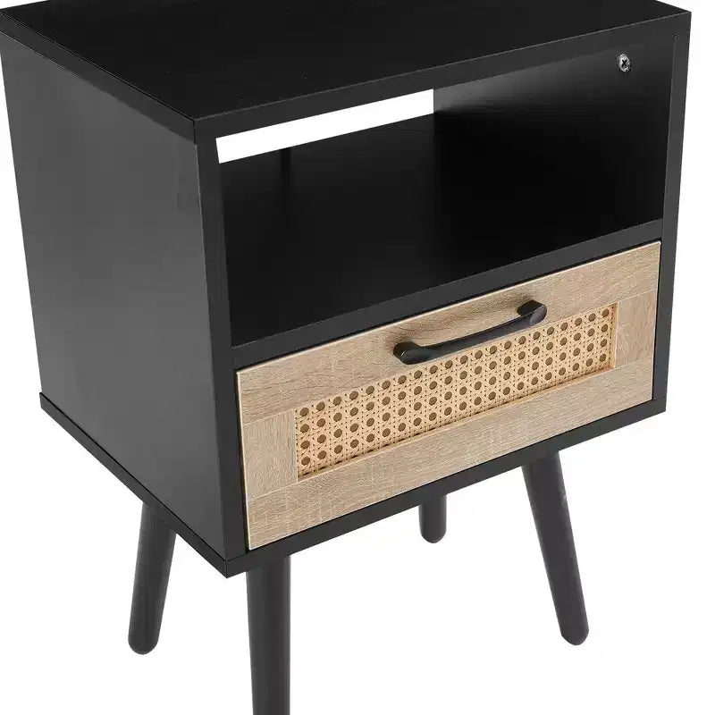 Rattan End Table, Modern Nightstand with Drawer and Solid Wood Legs, Side Table for Living Room, Bedroom, Black