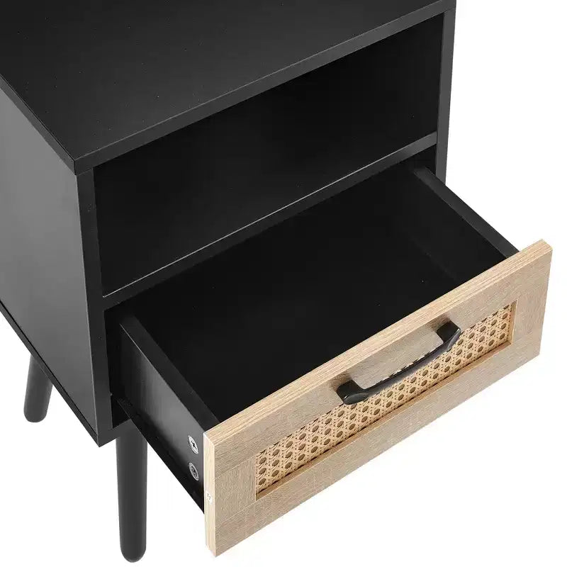 Rattan End Table, Modern Nightstand with Drawer and Solid Wood Legs, Side Table for Living Room, Bedroom, Black