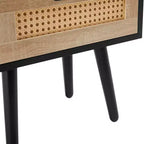 Rattan End Table, Modern Nightstand with Drawer and Solid Wood Legs, Side Table for Living Room, Bedroom, Black