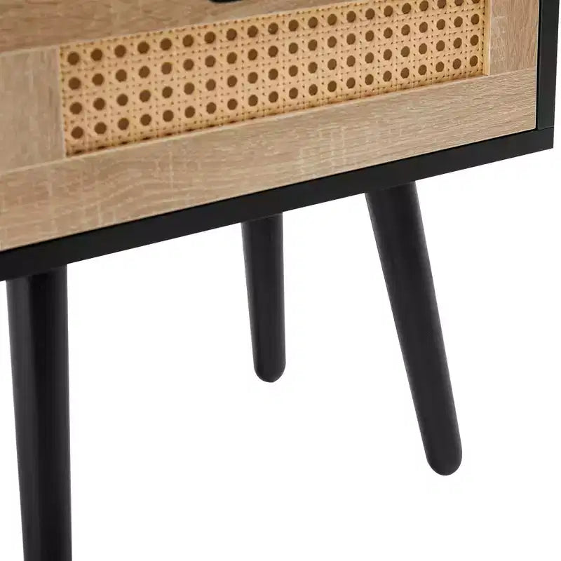 Rattan End Table, Modern Nightstand with Drawer and Solid Wood Legs, Side Table for Living Room, Bedroom, Black