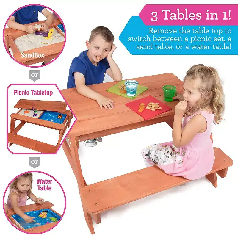 Kids All in One Convertible Indoor/Outdoor Picnic, Sand & Water Activity Table w/ Removable Top (43 X 35 X 19 in) Made of 100% Wood