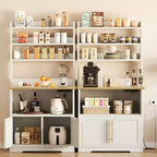 Microwave Stand Bakers Rack Cabinet, Farmhouse Wooden Storage Cabinet with Power Outlet with Thickened Counter
