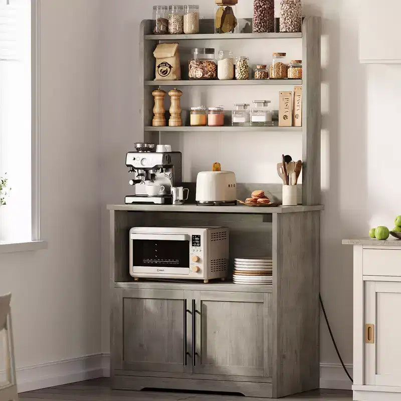Microwave Stand Bakers Rack Cabinet, Farmhouse Wooden Storage Cabinet with Power Outlet with Thickened Counter