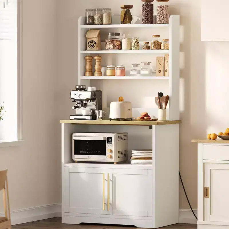 Microwave Stand Bakers Rack Cabinet, Farmhouse Wooden Storage Cabinet with Power Outlet with Thickened Counter