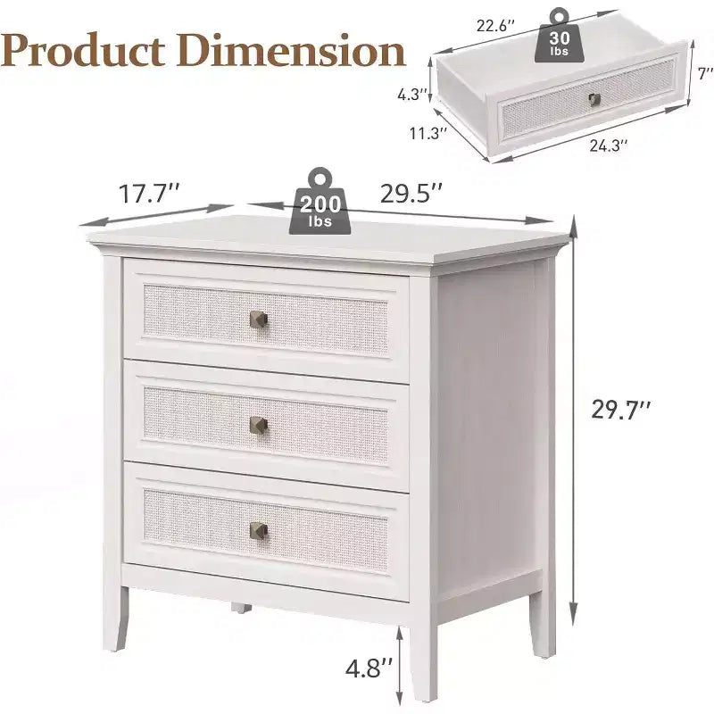 Dresser for Bedroom, Boho Tall Dresser with 3 Rattan Decorated Drawers, Modern Wood Chest of Drawers for Closet, Entryway
