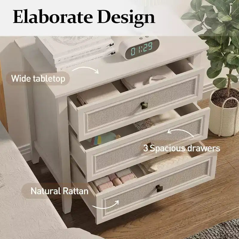 Dresser for Bedroom, Boho Tall Dresser with 3 Rattan Decorated Drawers, Modern Wood Chest of Drawers for Closet, Entryway