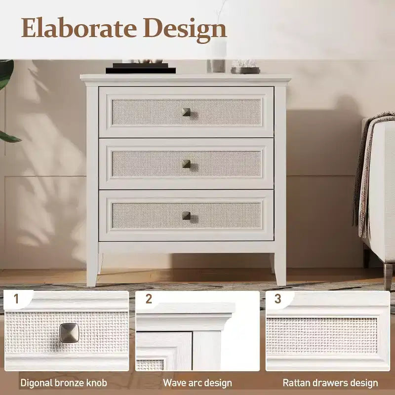 Dresser for Bedroom, Boho Tall Dresser with 3 Rattan Decorated Drawers, Modern Wood Chest of Drawers for Closet, Entryway