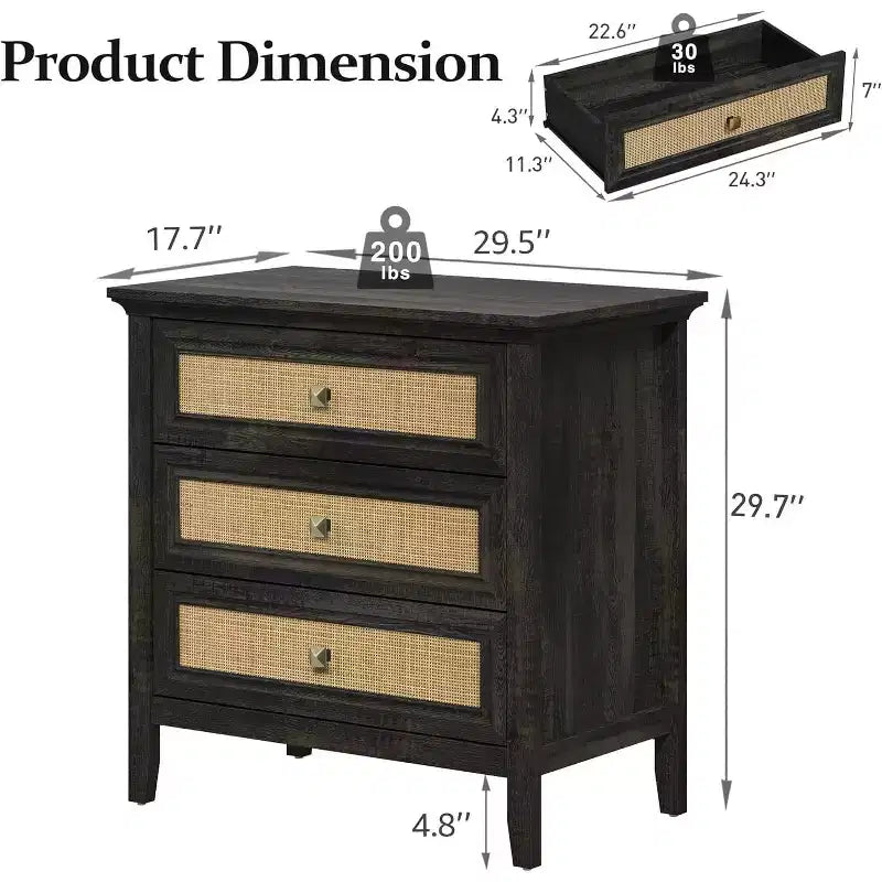 Dresser for Bedroom, Boho Tall Dresser with 3 Rattan Decorated Drawers, Modern Wood Chest of Drawers for Closet, Entryway