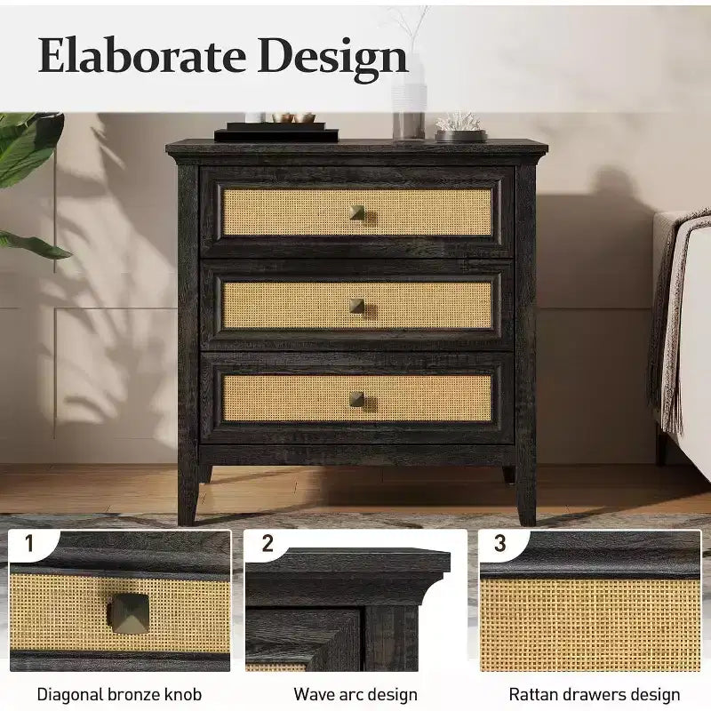 Dresser for Bedroom, Boho Tall Dresser with 3 Rattan Decorated Drawers, Modern Wood Chest of Drawers for Closet, Entryway