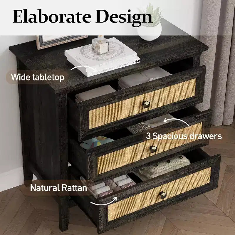 Dresser for Bedroom, Boho Tall Dresser with 3 Rattan Decorated Drawers, Modern Wood Chest of Drawers for Closet, Entryway
