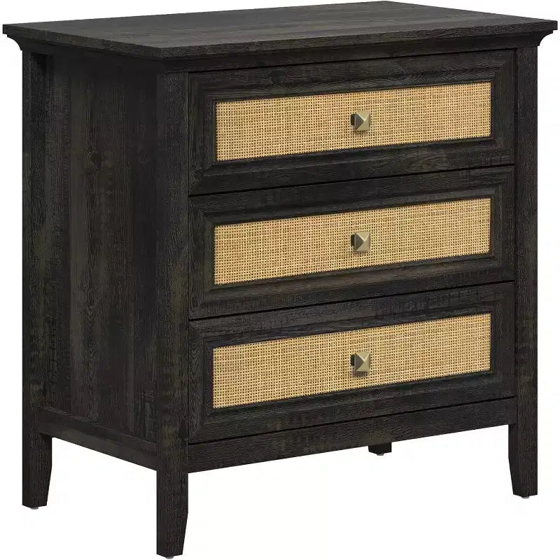 Dresser for Bedroom, Boho Tall Dresser with 3 Rattan Decorated Drawers, Modern Wood Chest of Drawers for Closet, Entryway