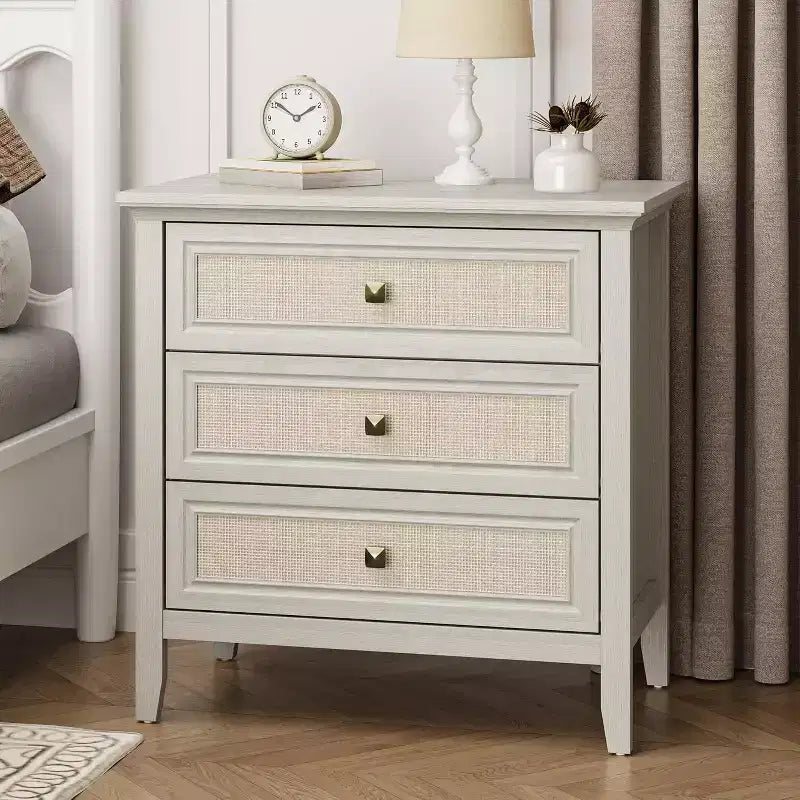 Dresser for Bedroom, Boho Tall Dresser with 3 Rattan Decorated Drawers, Modern Wood Chest of Drawers for Closet, Entryway
