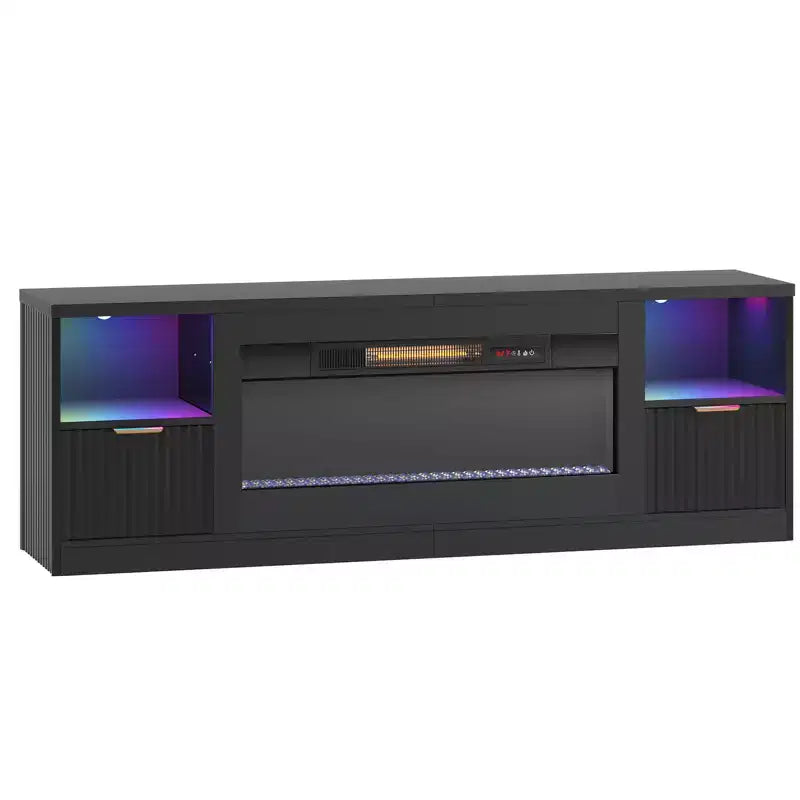 70 Fluted Glossy Fireplace TV Stand with 36 Fireplace & LED Light Modern Entertainment Center with Cabinets