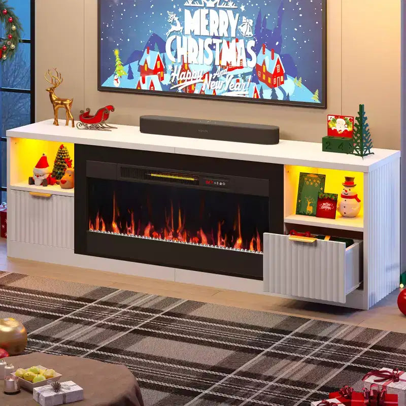 70 Fluted Glossy Fireplace TV Stand with 36 Fireplace & LED Light Modern Entertainment Center with Cabinets