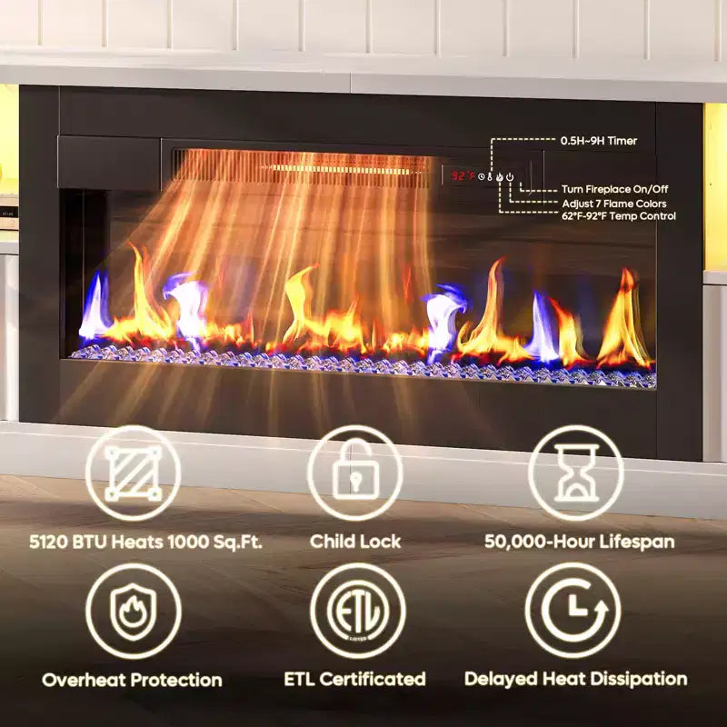 70 Fluted Glossy Fireplace TV Stand with 36 Fireplace & LED Light Modern Entertainment Center with Cabinets