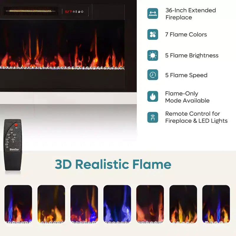70 Fluted Glossy Fireplace TV Stand with 36 Fireplace & LED Light Modern Entertainment Center with Cabinets