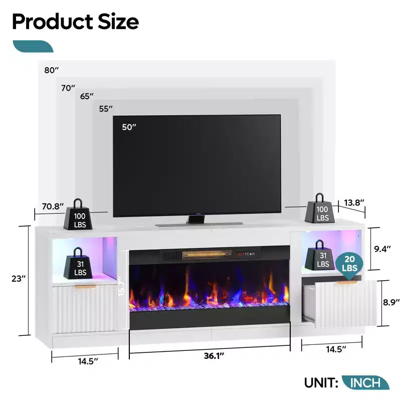 70 Fluted Glossy Fireplace TV Stand with 36 Fireplace & LED Light Modern Entertainment Center with Cabinets