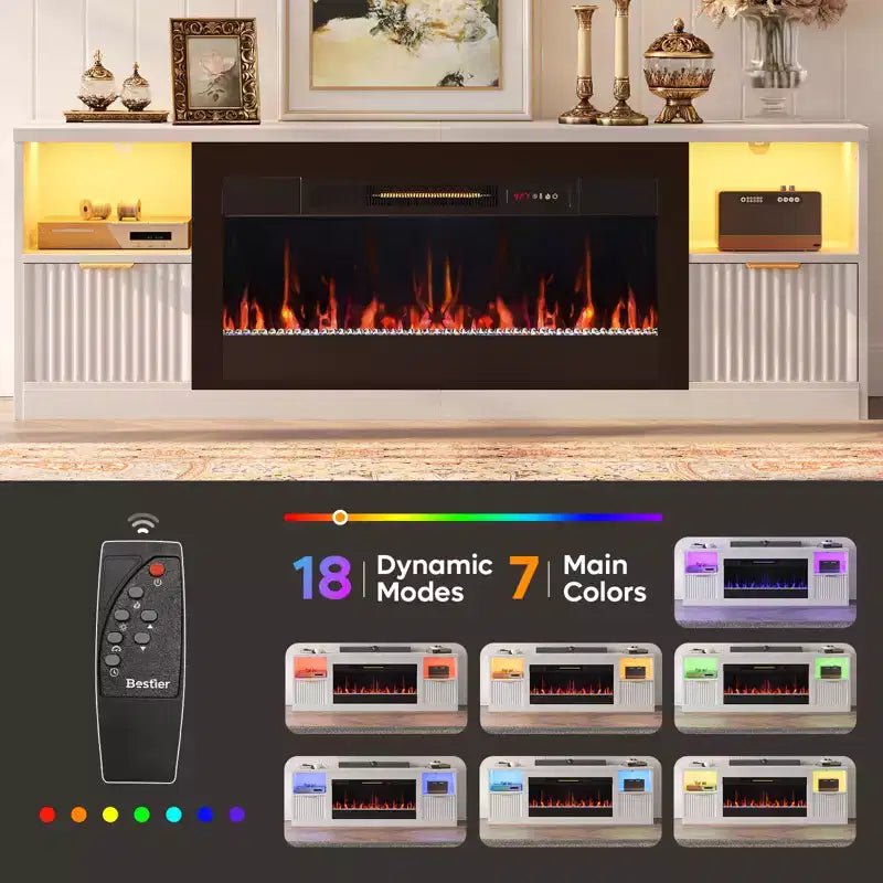70 Fluted Glossy Fireplace TV Stand with 36 Fireplace & LED Light Modern Entertainment Center with Cabinets