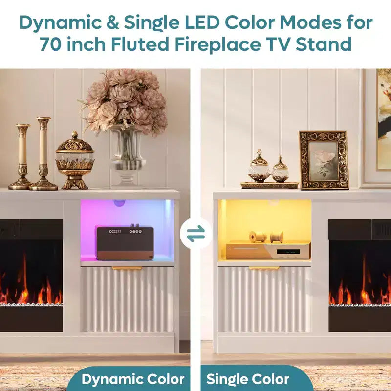 70 Fluted Glossy Fireplace TV Stand with 36 Fireplace & LED Light Modern Entertainment Center with Cabinets