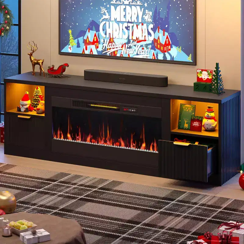 70 Fluted Glossy Fireplace TV Stand with 36 Fireplace & LED Light Modern Entertainment Center with Cabinets