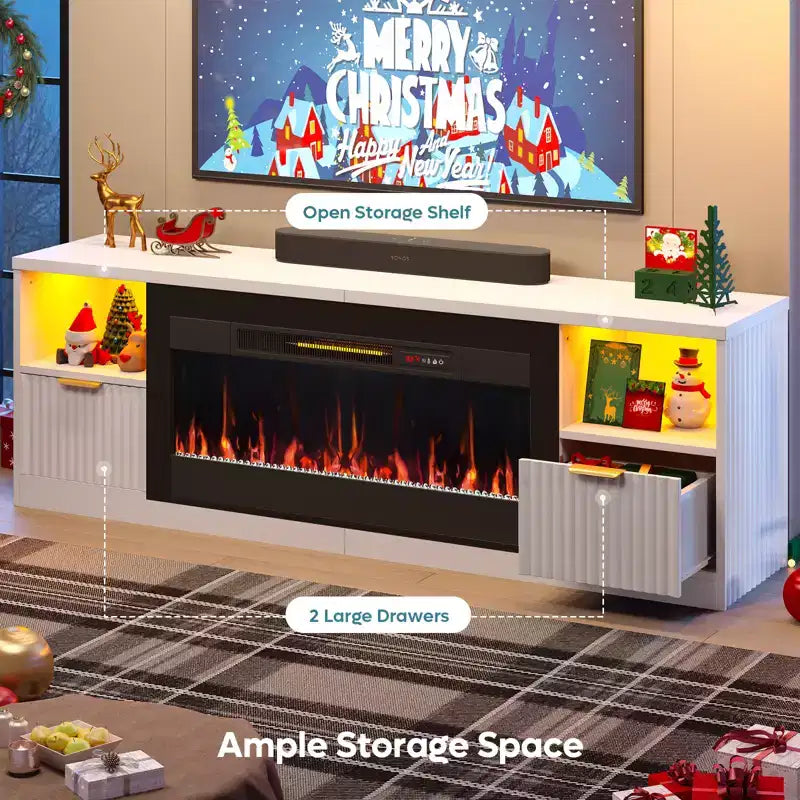 70 Fluted Glossy Fireplace TV Stand with 36 Fireplace & LED Light Modern Entertainment Center with Cabinets