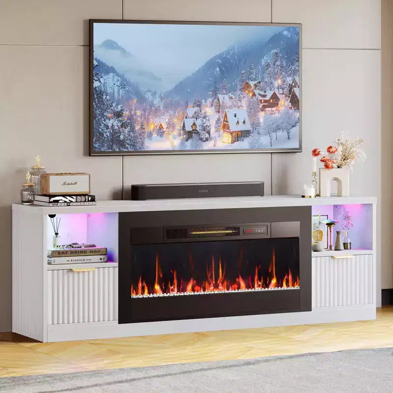 70 Fluted Glossy Fireplace TV Stand with 36 Fireplace & LED Light Modern Entertainment Center with Cabinets