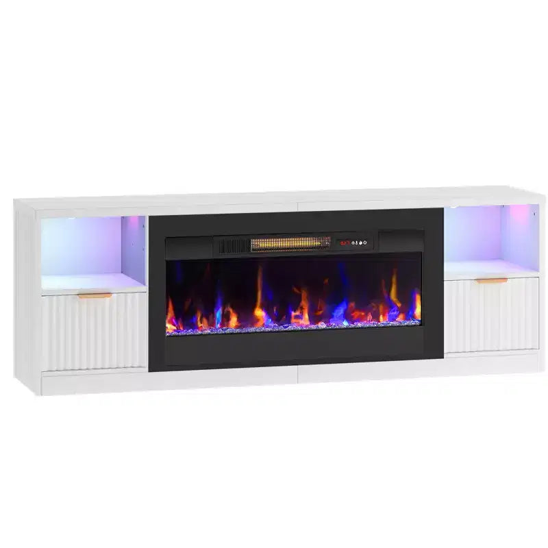 70 Fluted Glossy Fireplace TV Stand with 36 Fireplace & LED Light Modern Entertainment Center with Cabinets