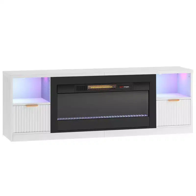 70 Fluted Glossy Fireplace TV Stand with 36 Fireplace & LED Light Modern Entertainment Center with Cabinets