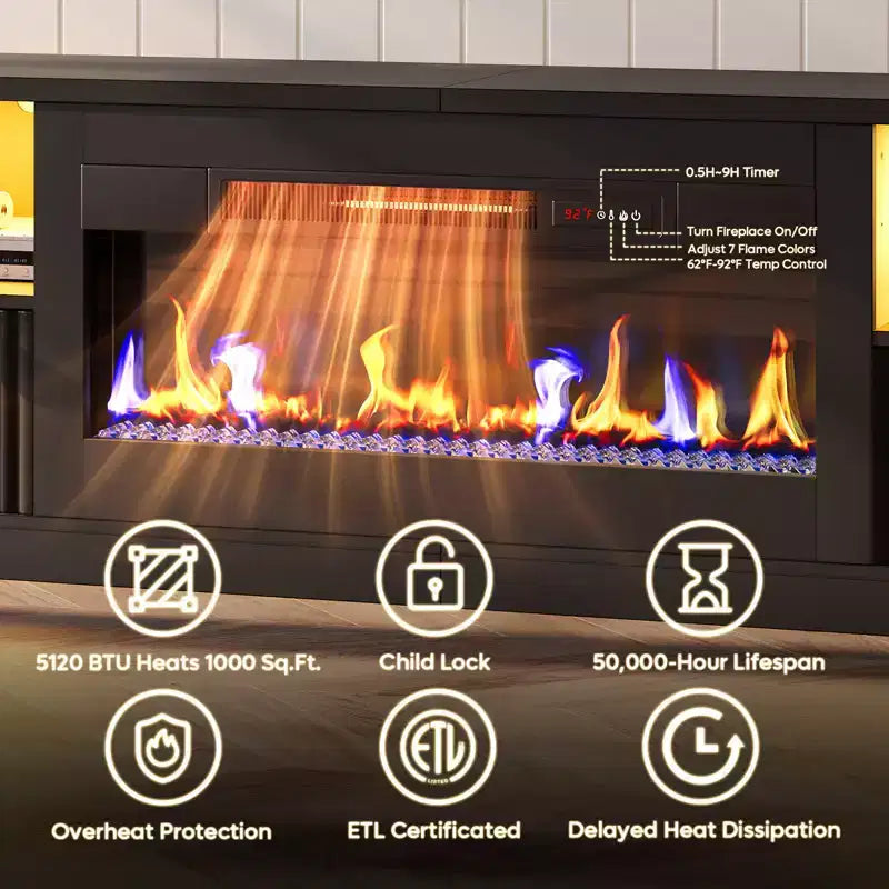 70 Fluted Glossy Fireplace TV Stand with 36 Fireplace & LED Light Modern Entertainment Center with Cabinets