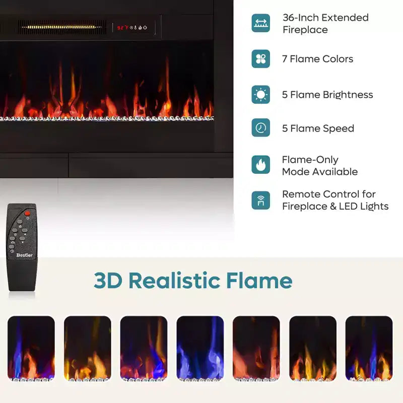 70 Fluted Glossy Fireplace TV Stand with 36 Fireplace & LED Light Modern Entertainment Center with Cabinets