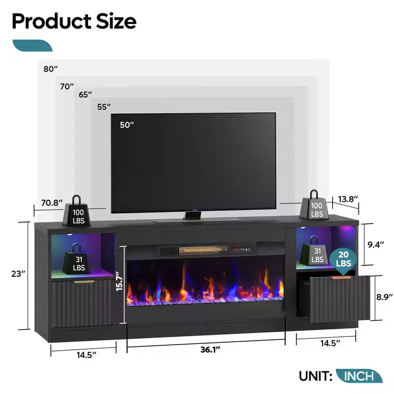 70 Fluted Glossy Fireplace TV Stand with 36 Fireplace & LED Light Modern Entertainment Center with Cabinets