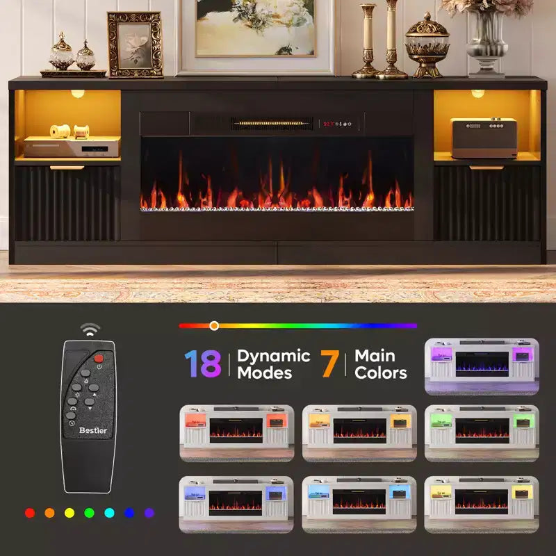 70 Fluted Glossy Fireplace TV Stand with 36 Fireplace & LED Light Modern Entertainment Center with Cabinets