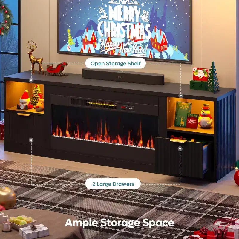 70 Fluted Glossy Fireplace TV Stand with 36 Fireplace & LED Light Modern Entertainment Center with Cabinets