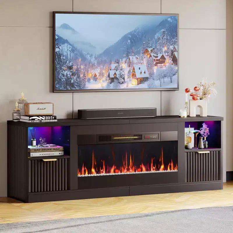 70 Fluted Glossy Fireplace TV Stand with 36 Fireplace & LED Light Modern Entertainment Center with Cabinets