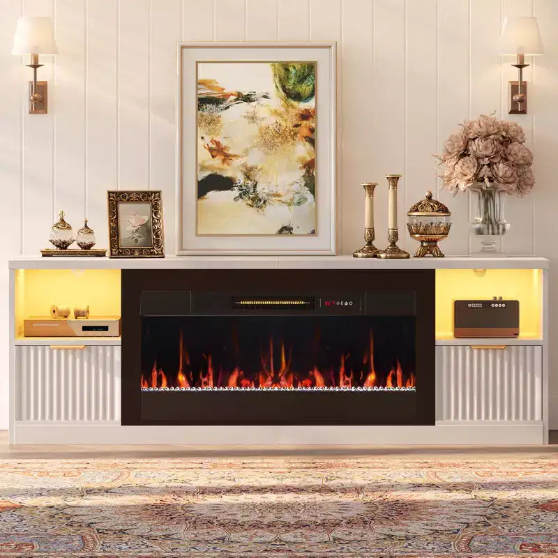 70 Fluted Glossy Fireplace TV Stand with 36 Fireplace & LED Light Modern Entertainment Center with Cabinets