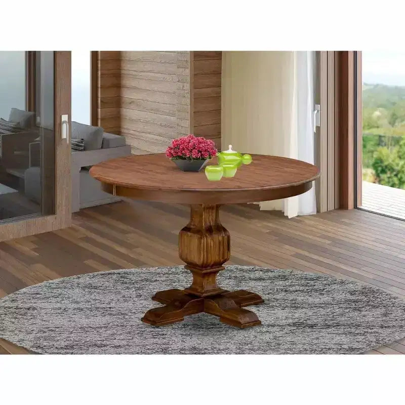 Round Dining Table with Pedestal, Rustic Rubberwood Table