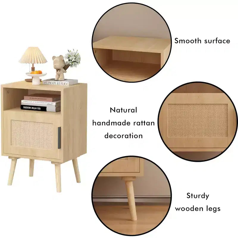 22.83'' H Wood Nightstand with Open Shelf and Rattan Door