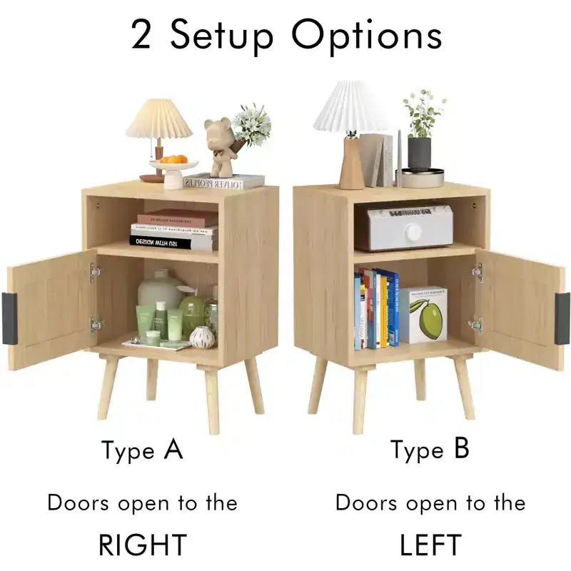 22.83'' H Wood Nightstand with Open Shelf and Rattan Door
