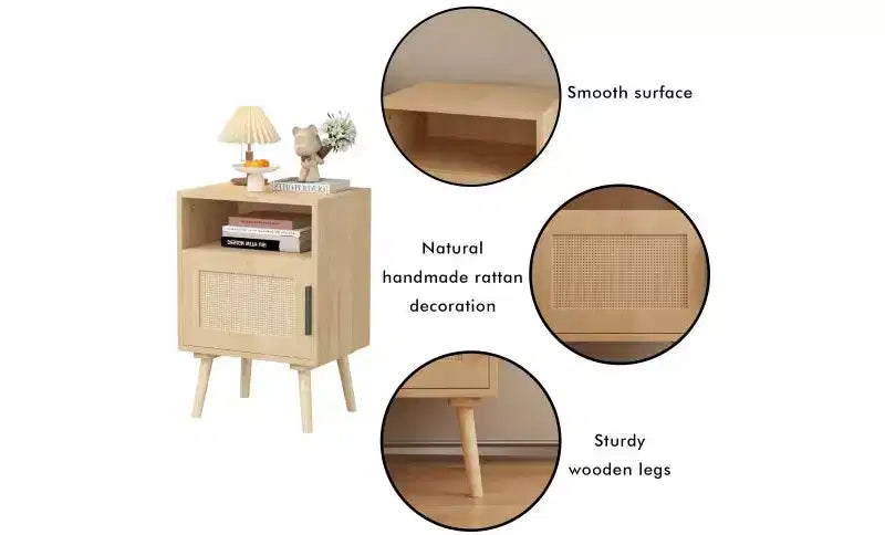 22.83'' H Wood Nightstand with Open Shelf and Rattan Door