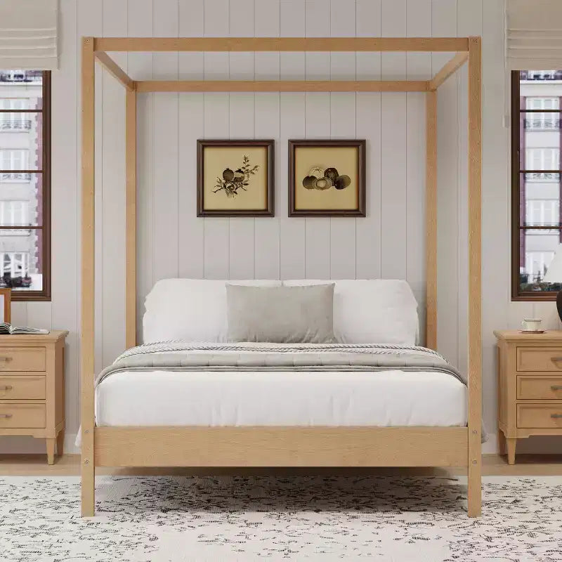 Queen/King Size Four Poster Platform Bed, Solid Wood Canopy Bed Frame, No Box Spring Needed