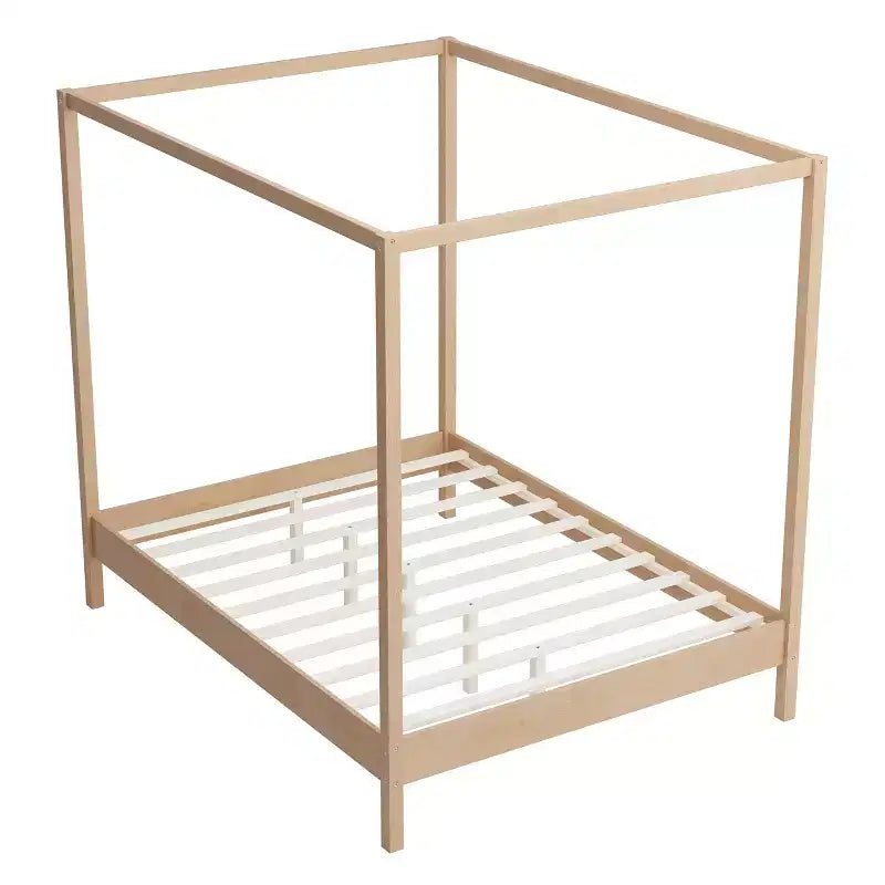 Queen/King Size Four Poster Platform Bed, Solid Wood Canopy Bed Frame, No Box Spring Needed