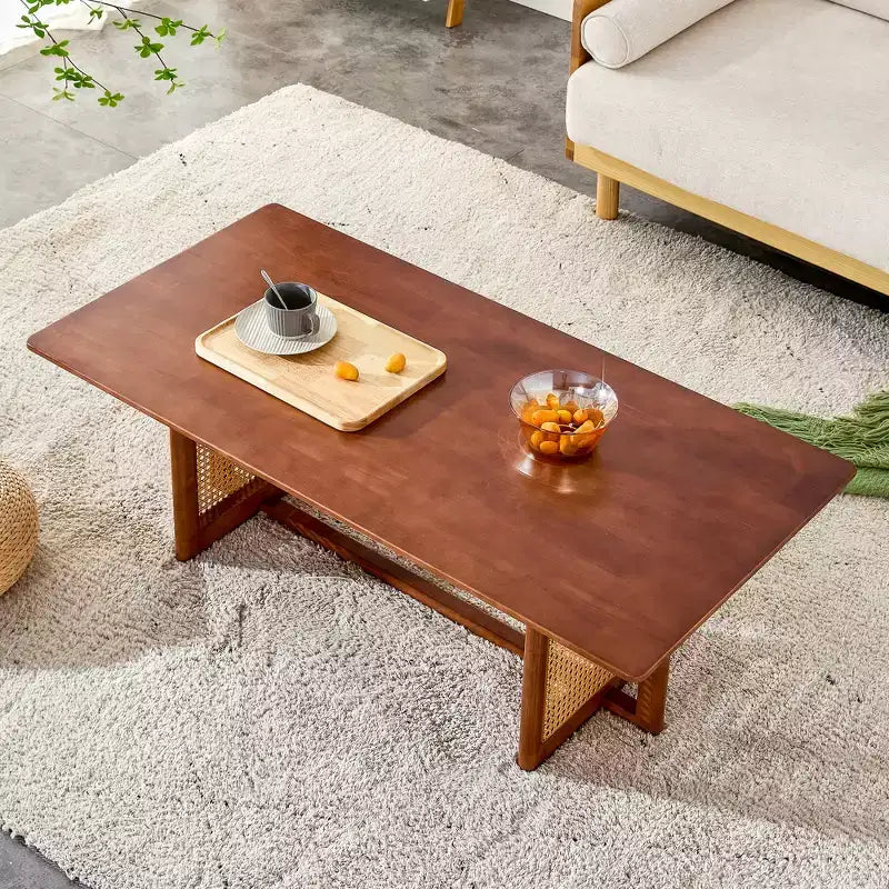 47W Rattan Coffee Table Cocktail Table Wood Center Table Rectangular Sofa Table, Natural/Brown