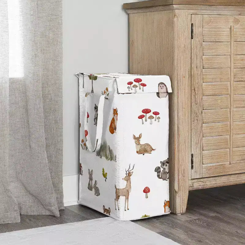 Boy, Girl, Unisex/Gender Neutral Foldable Laundry Hamper with Handles Watercolor Woodland Forest Animals Green Brown and Red