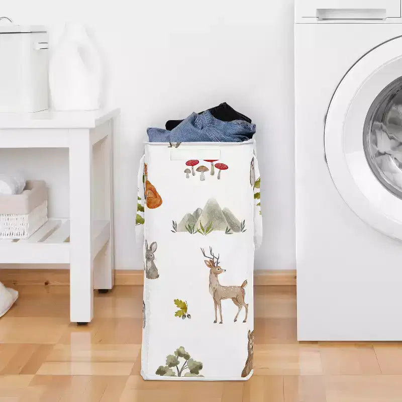 Erkek, Kız, Unisex/Cinsiyetsiz Katlanabilir Çamaşır Sepeti Kulplu Suluboya Orman Hayvanları Yeşil Kahverengi ve Kırmızı