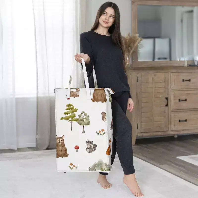 Boy, Girl, Unisex/Gender Neutral Foldable Laundry Hamper with Handles Watercolor Woodland Forest Animals Green Brown and Red